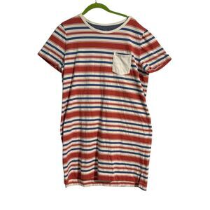 L.L.Bean Signature Striped Pocket T-Shirt Dress L 100% Cotton Rust Navy Cream